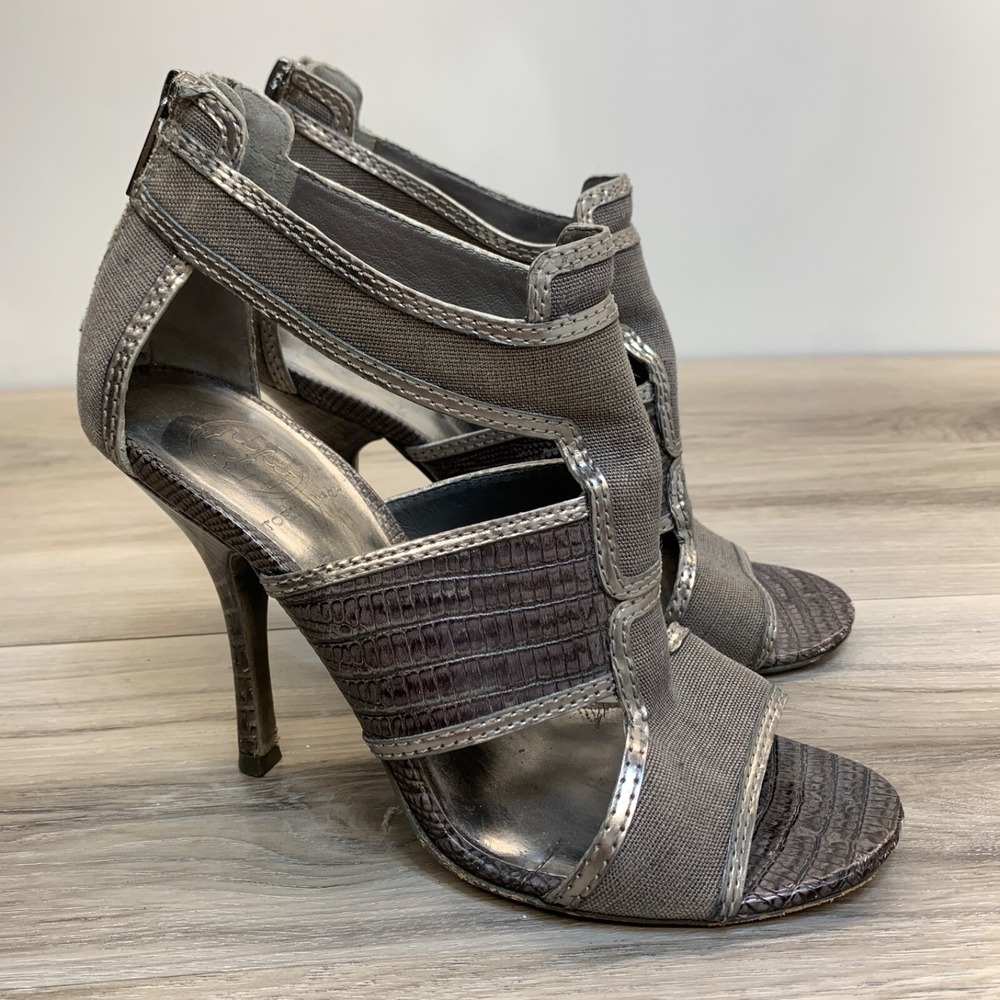 Tory Burch Shoes Womens High Heels Gray‎ Zipper Size 7.5 M Snake Skin Strappy